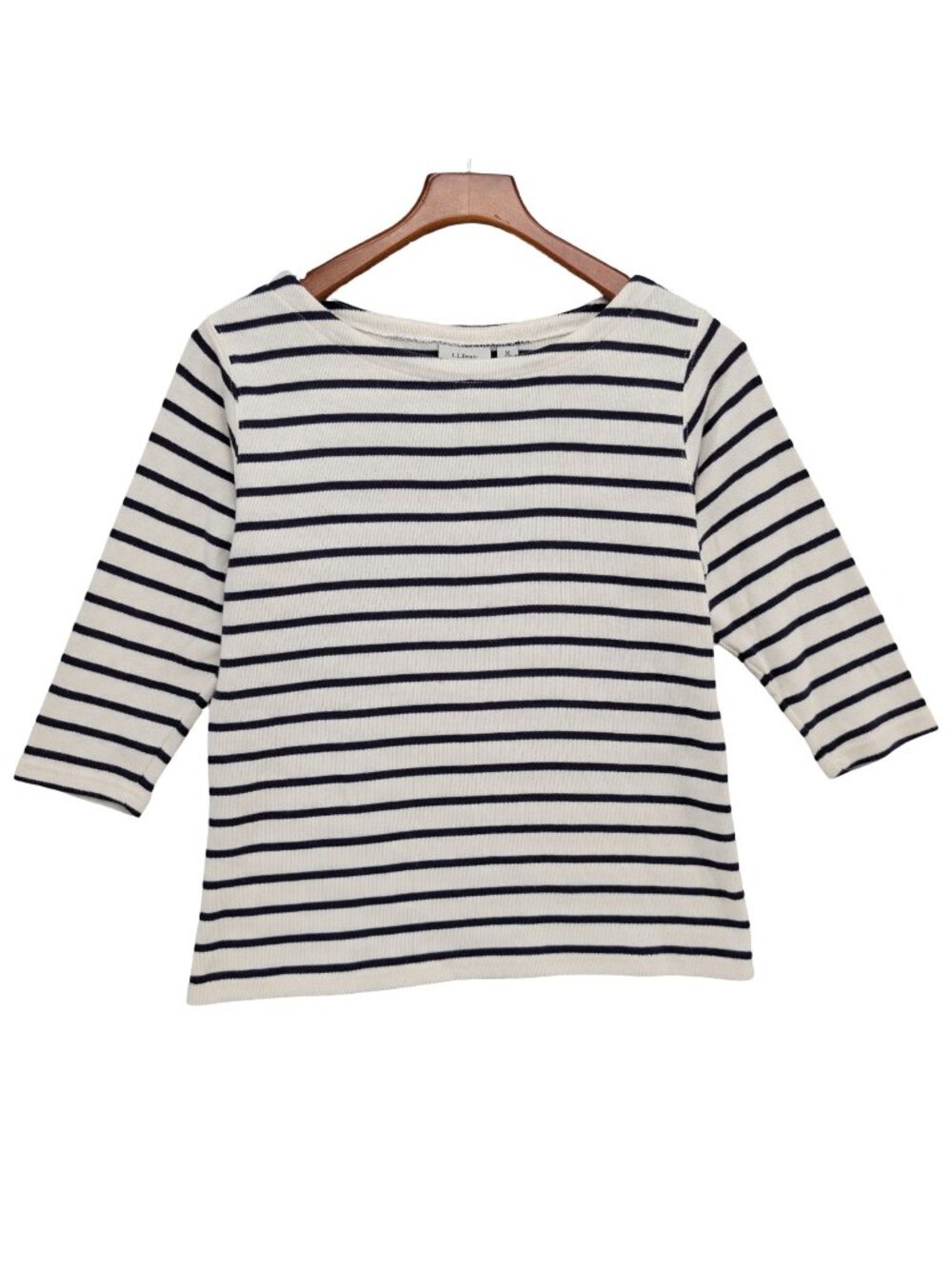 LL Bean Striped Knit Top Womens Navy Cream 3/4 Sleeve Boatneck Pullover Size MP